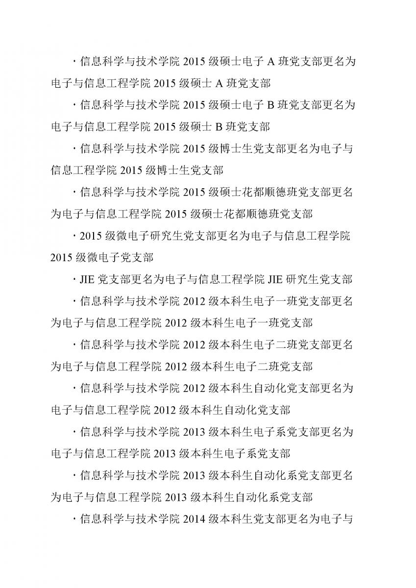 2号文：关于信息科学与技术学院2013级硕士电子A班党支部等18个学生党支部名称更改的通知
